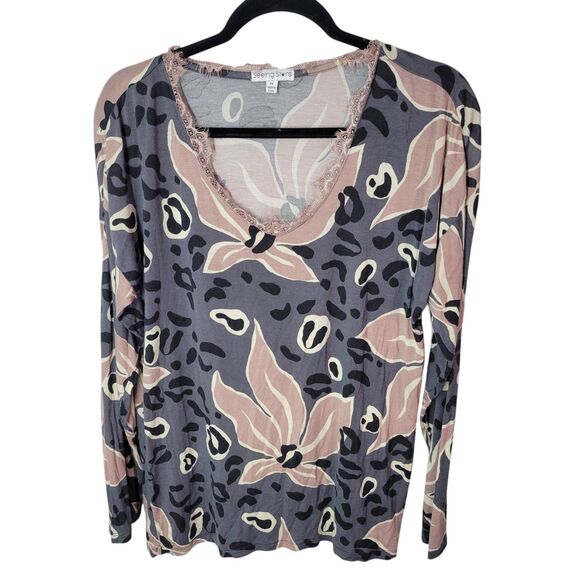 Seeing Stars Womens Sz M Gray Pink Geometric Long Sleeve Blouse - Picture 2 of 13